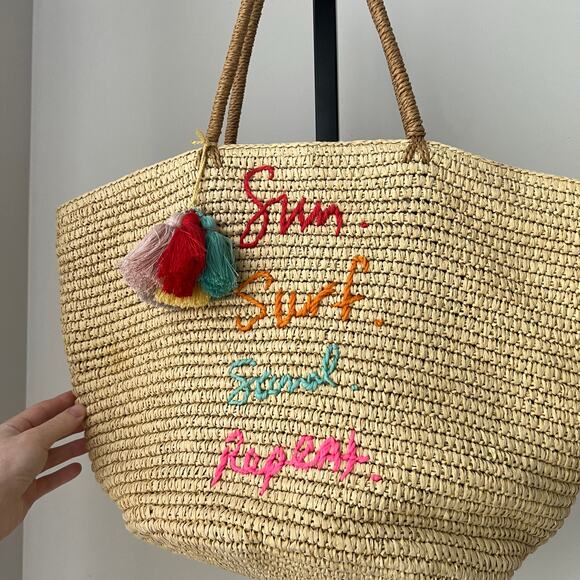 Rebecca Minkoff Sun Surf Sand Repeat Straw Tote Summer Beach Natural Tassels Fun - Picture 2 of 9